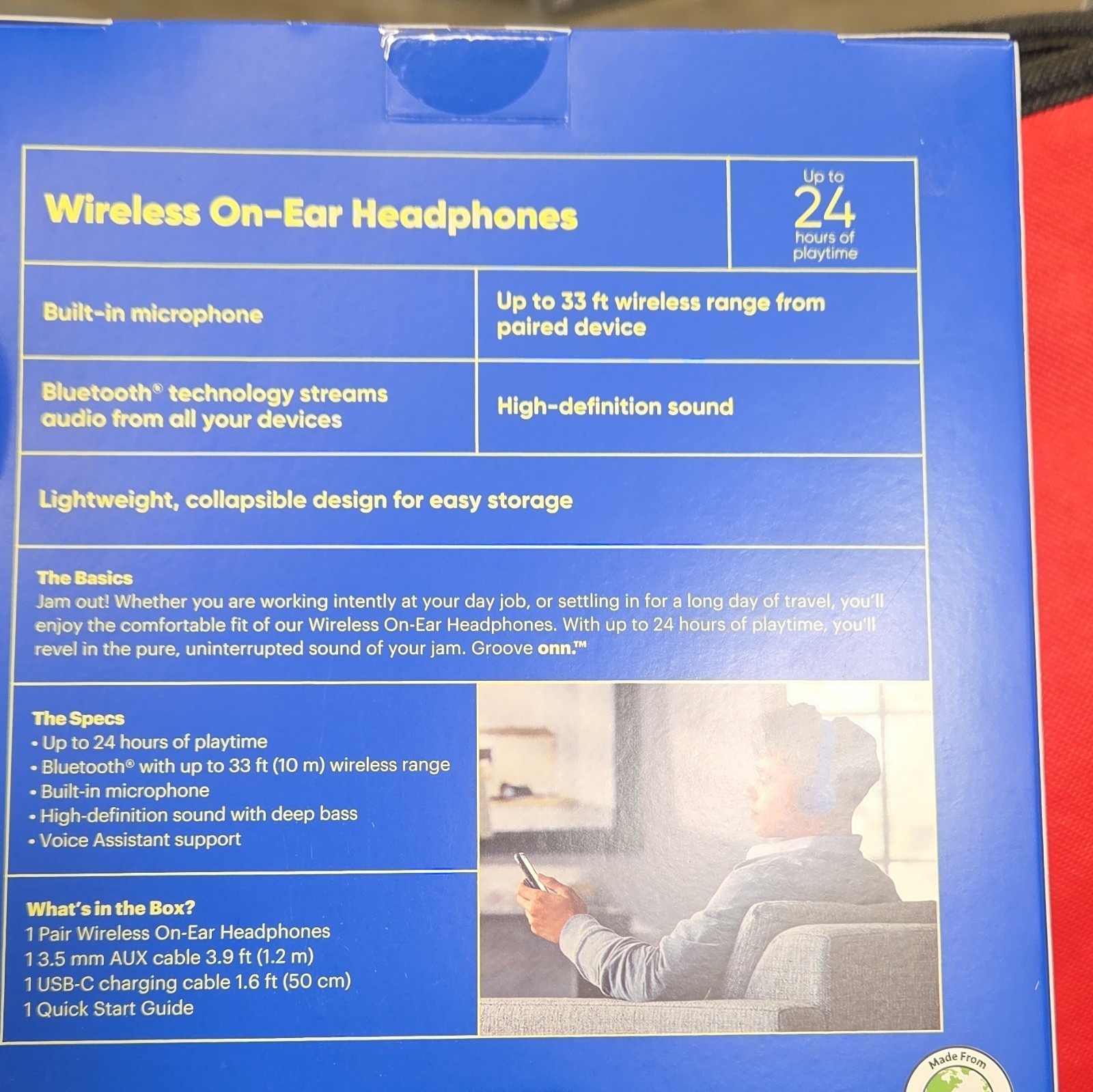 onn. Groove Bluetooth Wireless On-Ear Headphones w/ Mic, Blue, 24 Hr