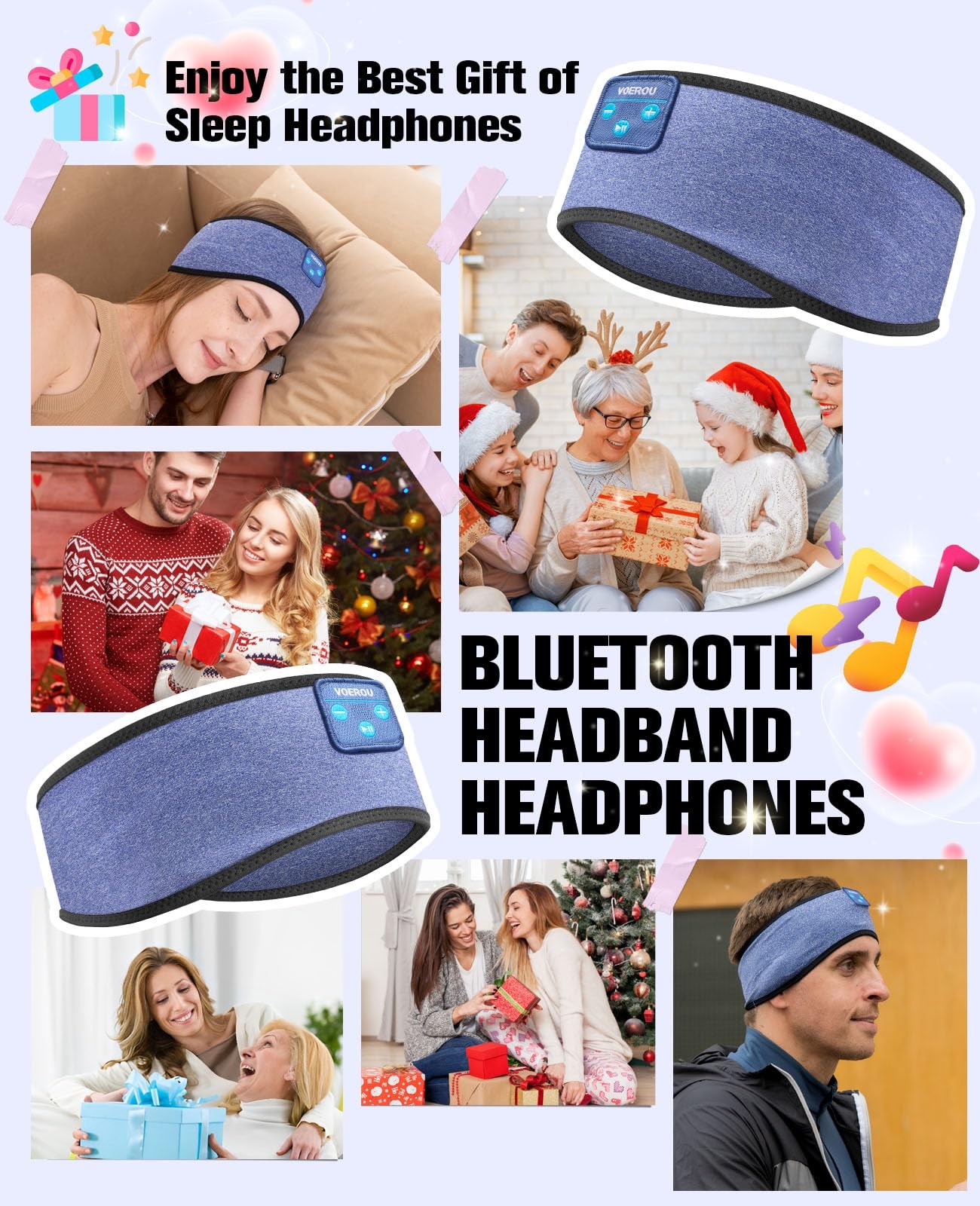 Voerou Sleep Headphones, Bluetooth 5.4 Headband for Men Women, Light Blue
