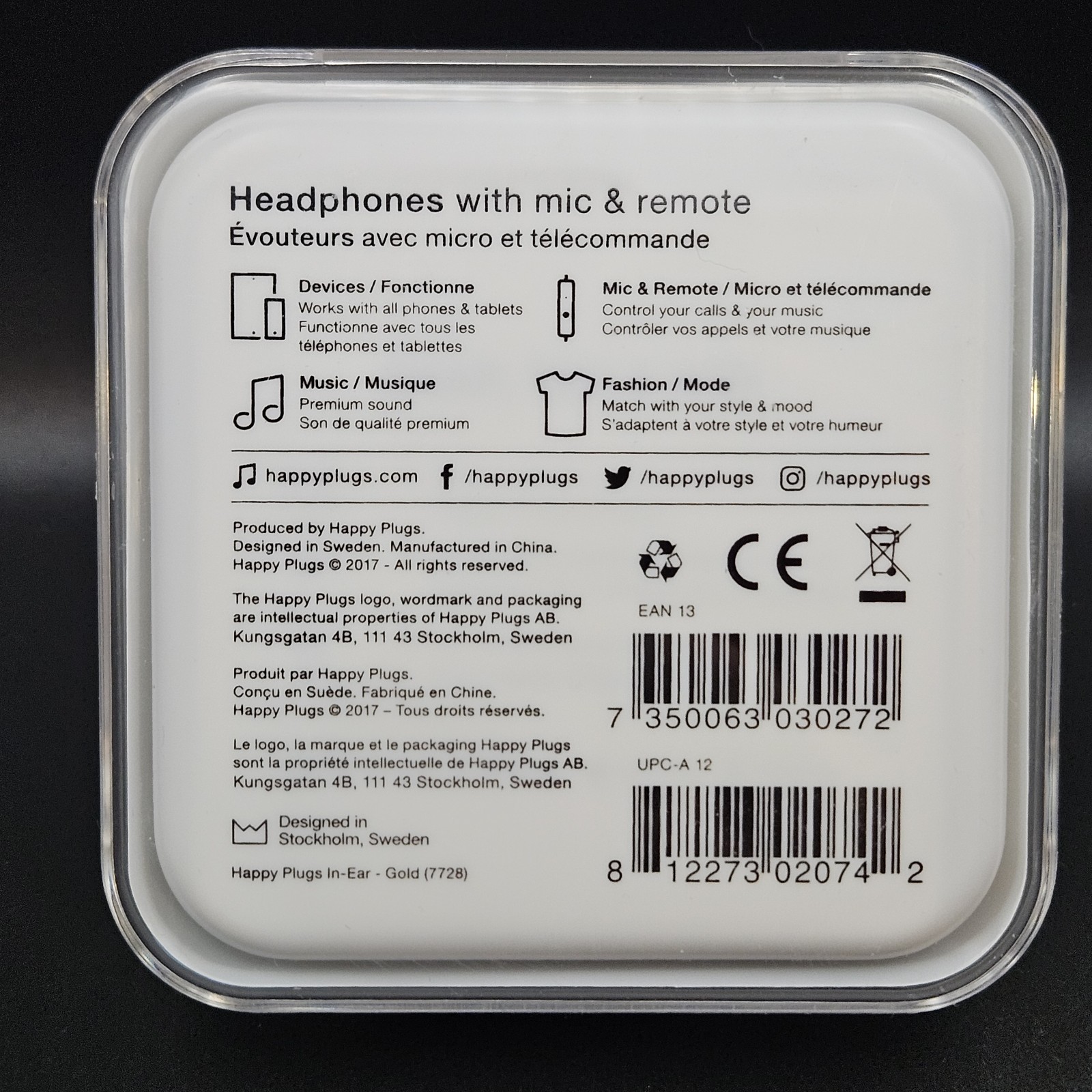 Happy Plugs Gold In-Ear Wired Headphones Model 7728 Mic Remote New Case