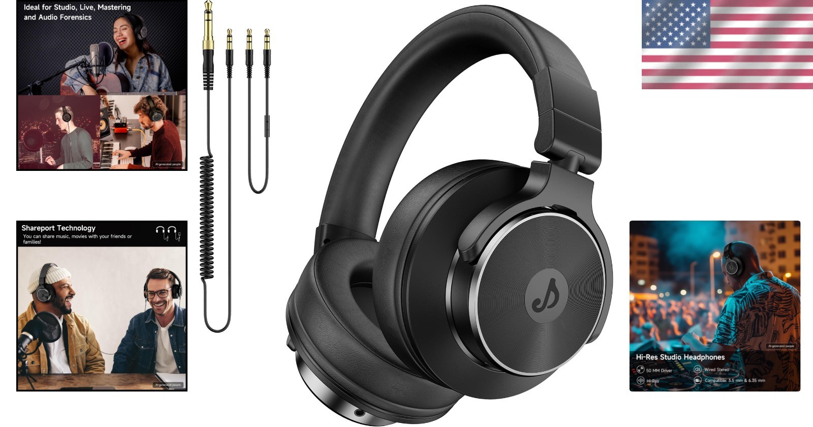 Professional DJ & Studio Headphones with Sound Isolation – 50mm Drivers, Black
