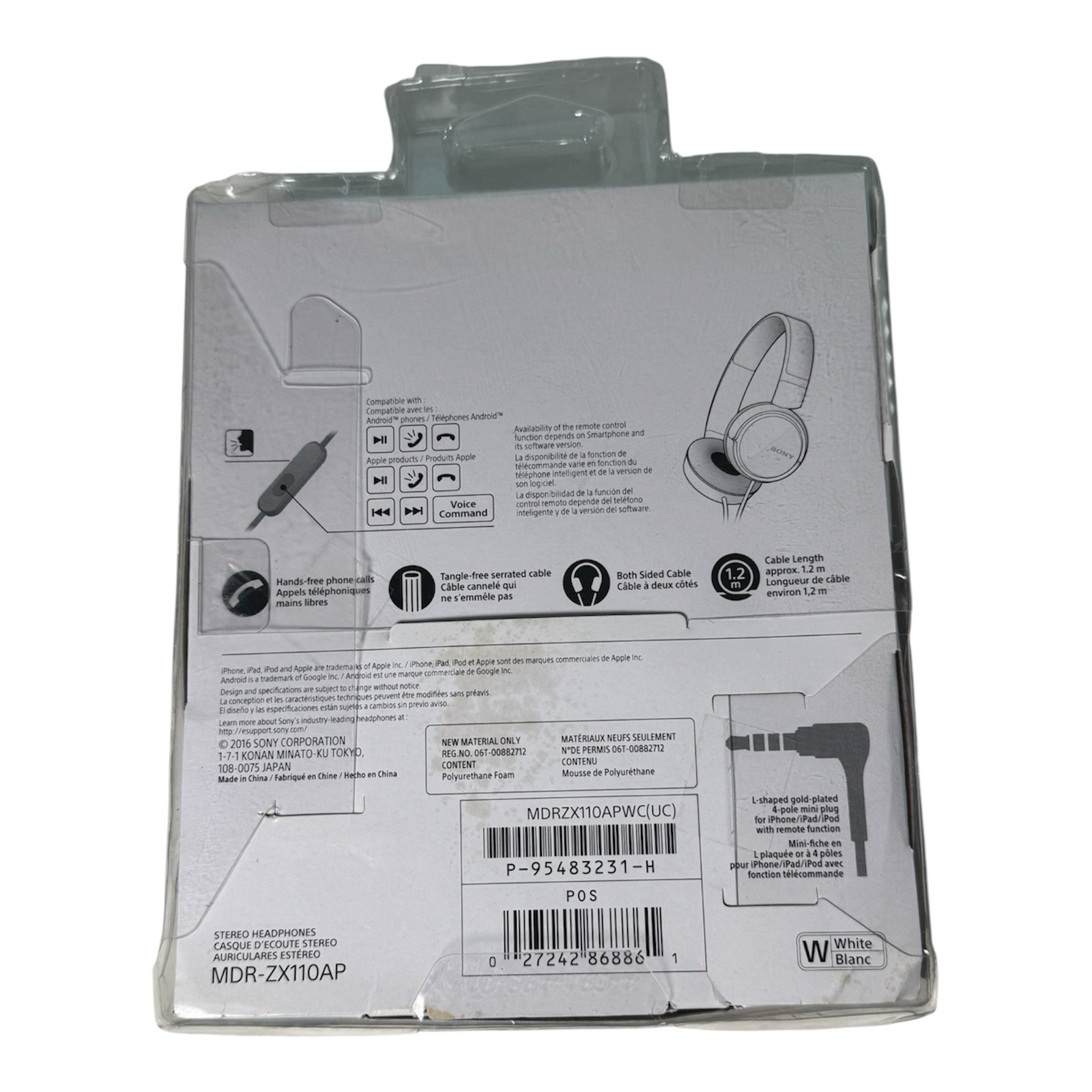 Sony MDRZX110AP WIRED Headphones White NEW for iPhone & Android Phones
