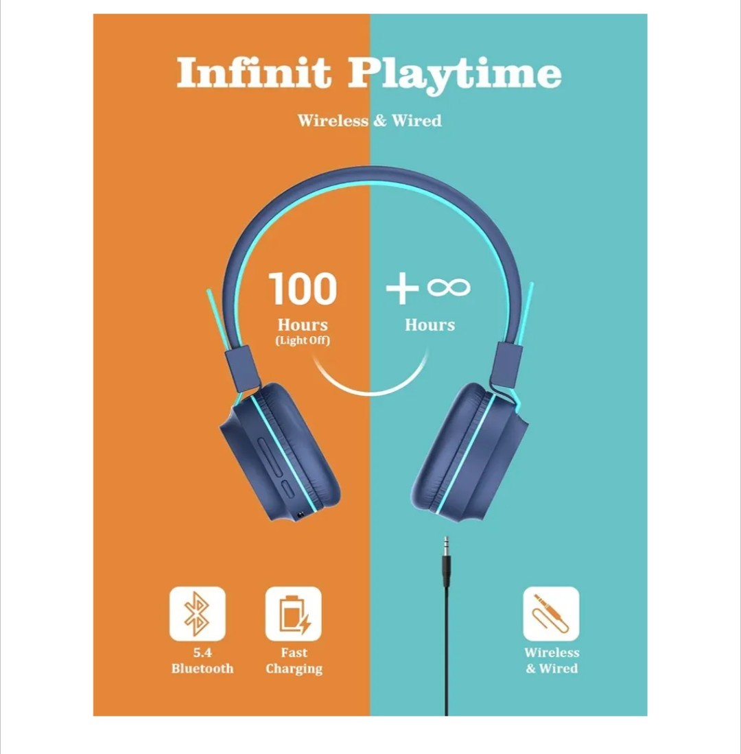 iClever BTH03 Kids Headphones Bluetooth 5.0, Foldable,Colorful LED Lights Stereo