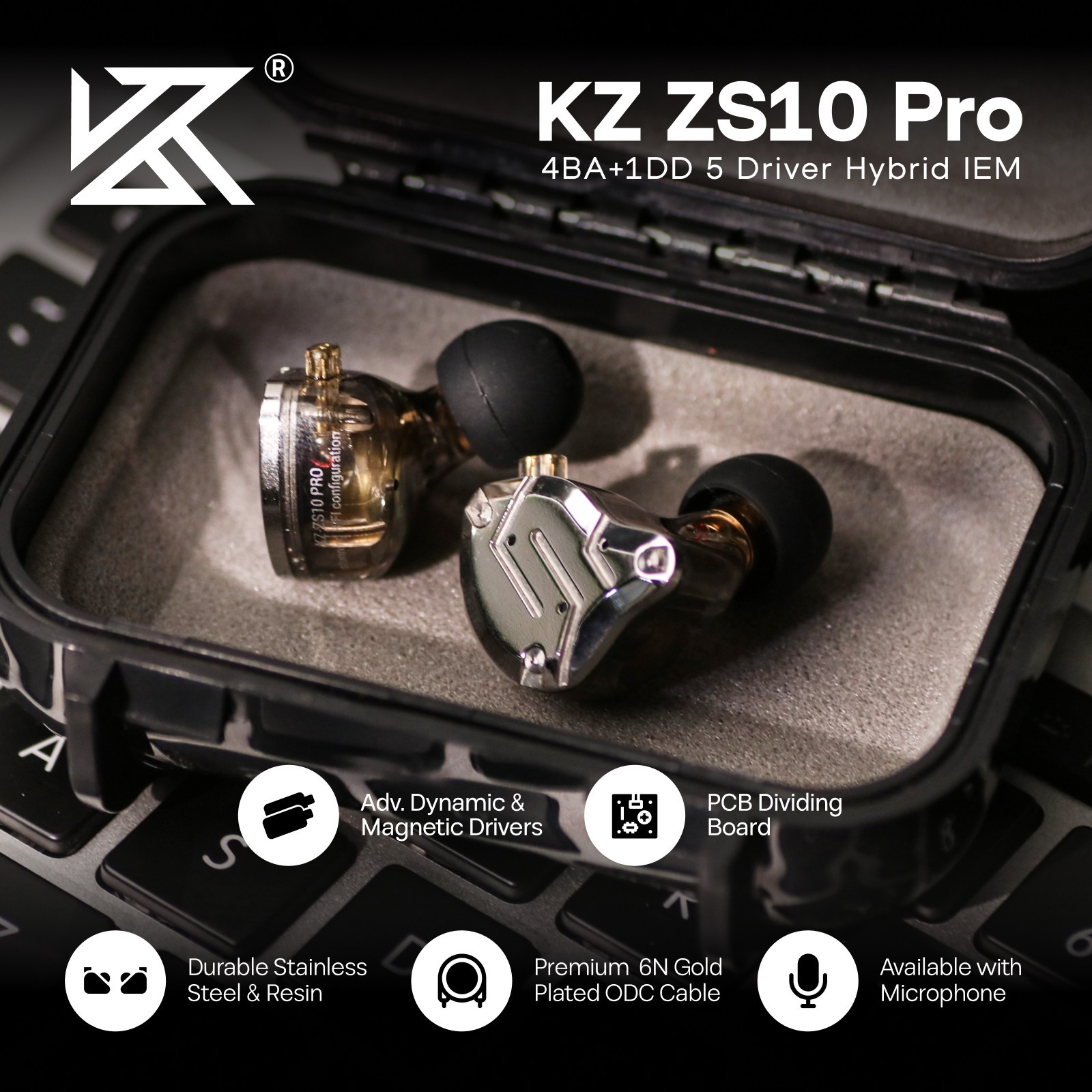 KZ ZS10 Pro Upgraded 4BA+1DD Hybrid Earphone with Detachable Cable