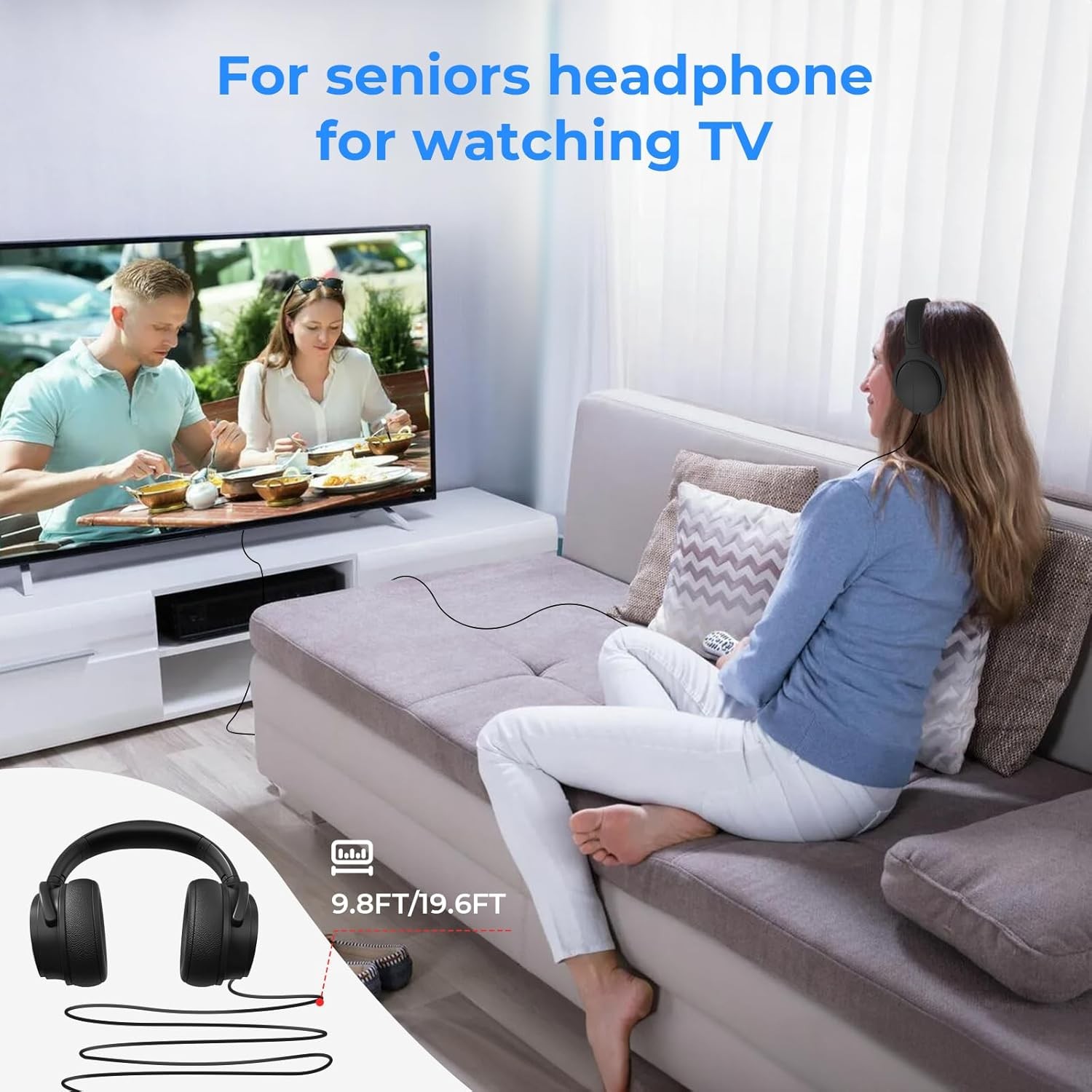 Long Cord 19.6FT Wired Headphones for tv with Volume Control for seniors 3.5mm A