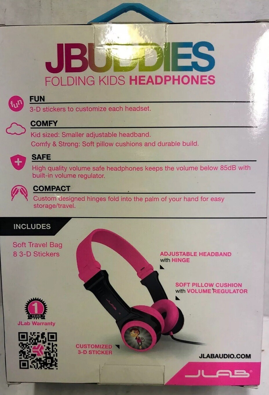 JLab Audio – JBuddies Folding Wired On-Ear Safe Volume Headphones Black/Pink EE