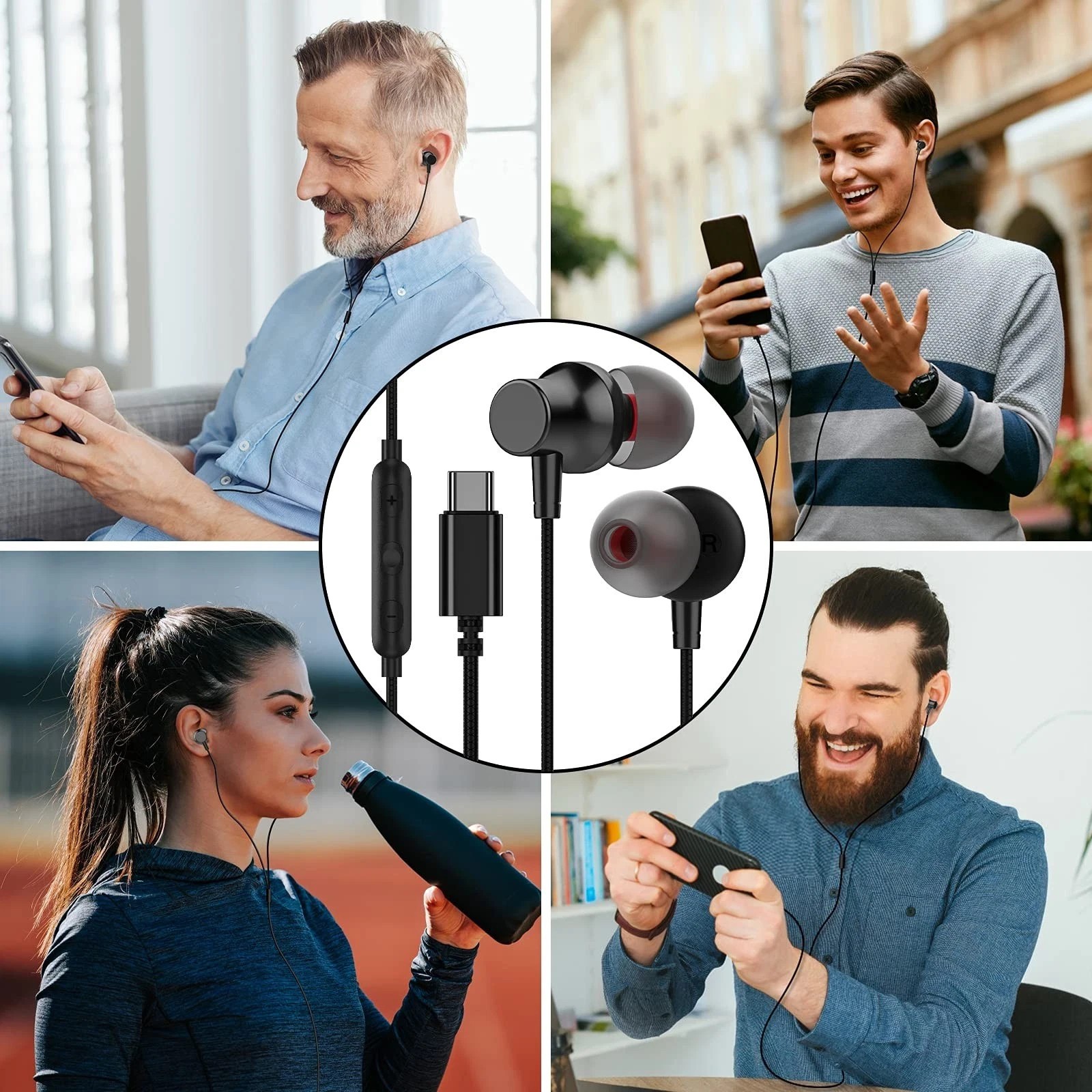 HIFI Bass Stereo Wired Earbuds Headset In-Ear Earphone Headphone MIC USB-C