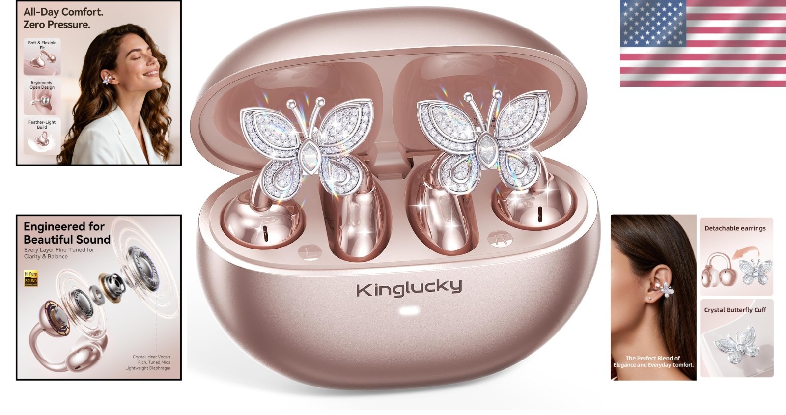 Elegant Rose Gold Open-Ear Earbuds with Butterfly Earrings – Gift-Ready Design
