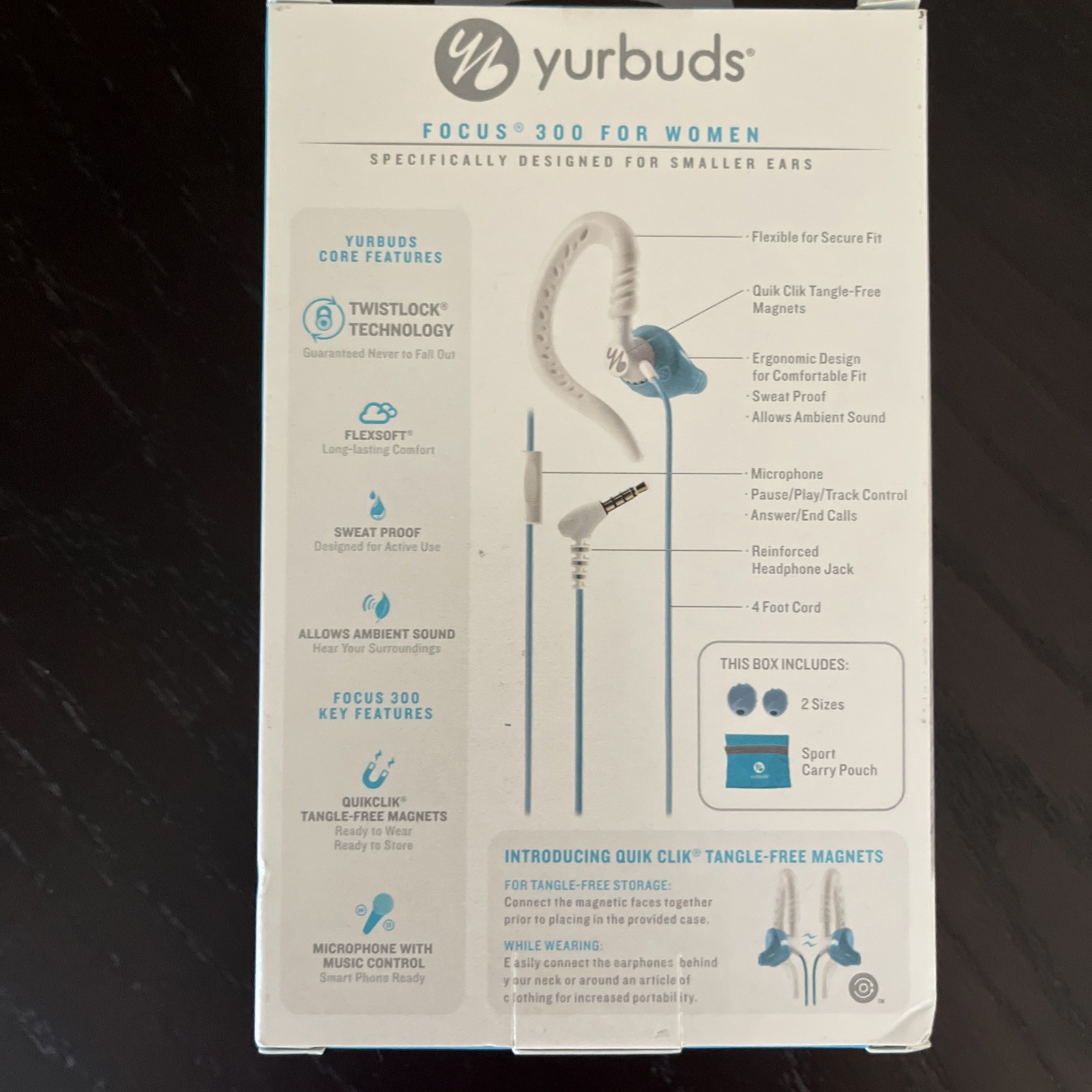 Yurbuds Focus 300 Womens Sport Earphones Sweatproof Quikclik Small Aqua NEW