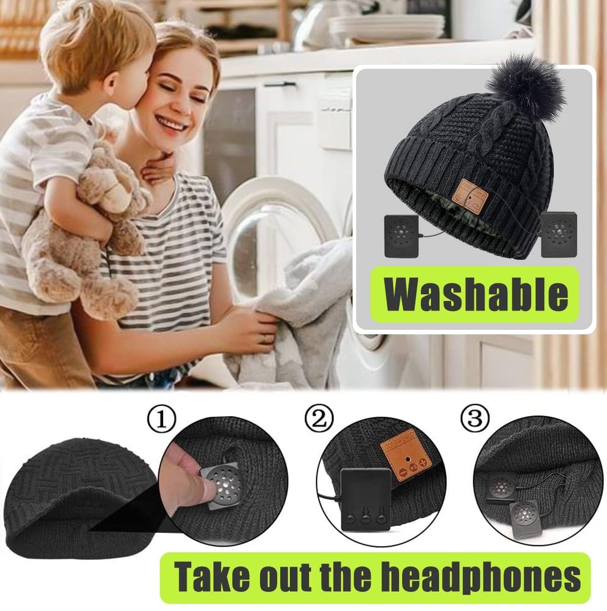 Bluetooth Beanie Hat Women Sport Wireless Music Stereo Headphones Mic Pompon
