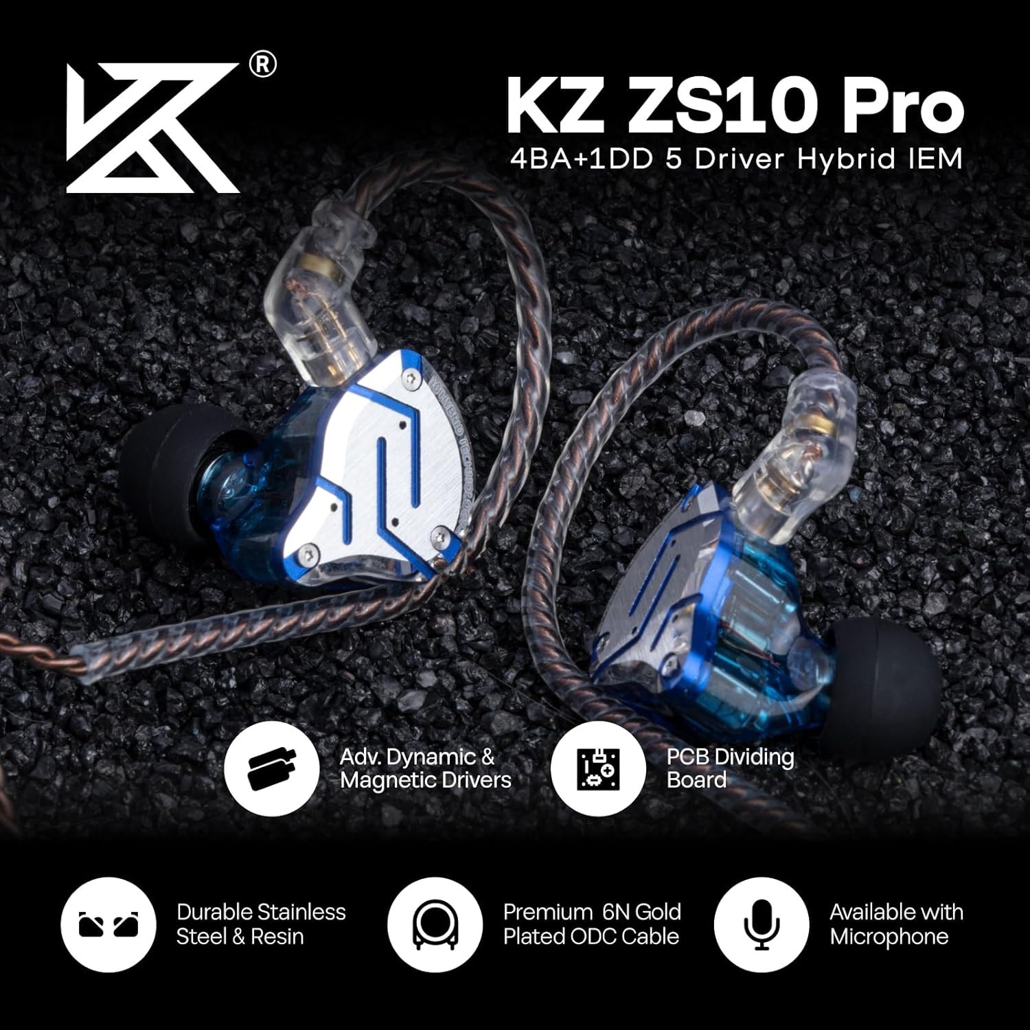 4BA+1DD Hybrid IEM Earphones, Detachable Cable – Glare Blue