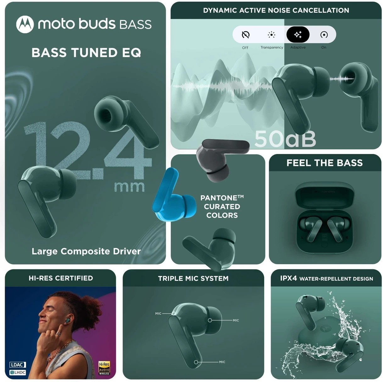 Motorola Moto Buds Bass |Hi-Res Audio & LDAC | 12.4mm Drivers |50dB True ANC FSS