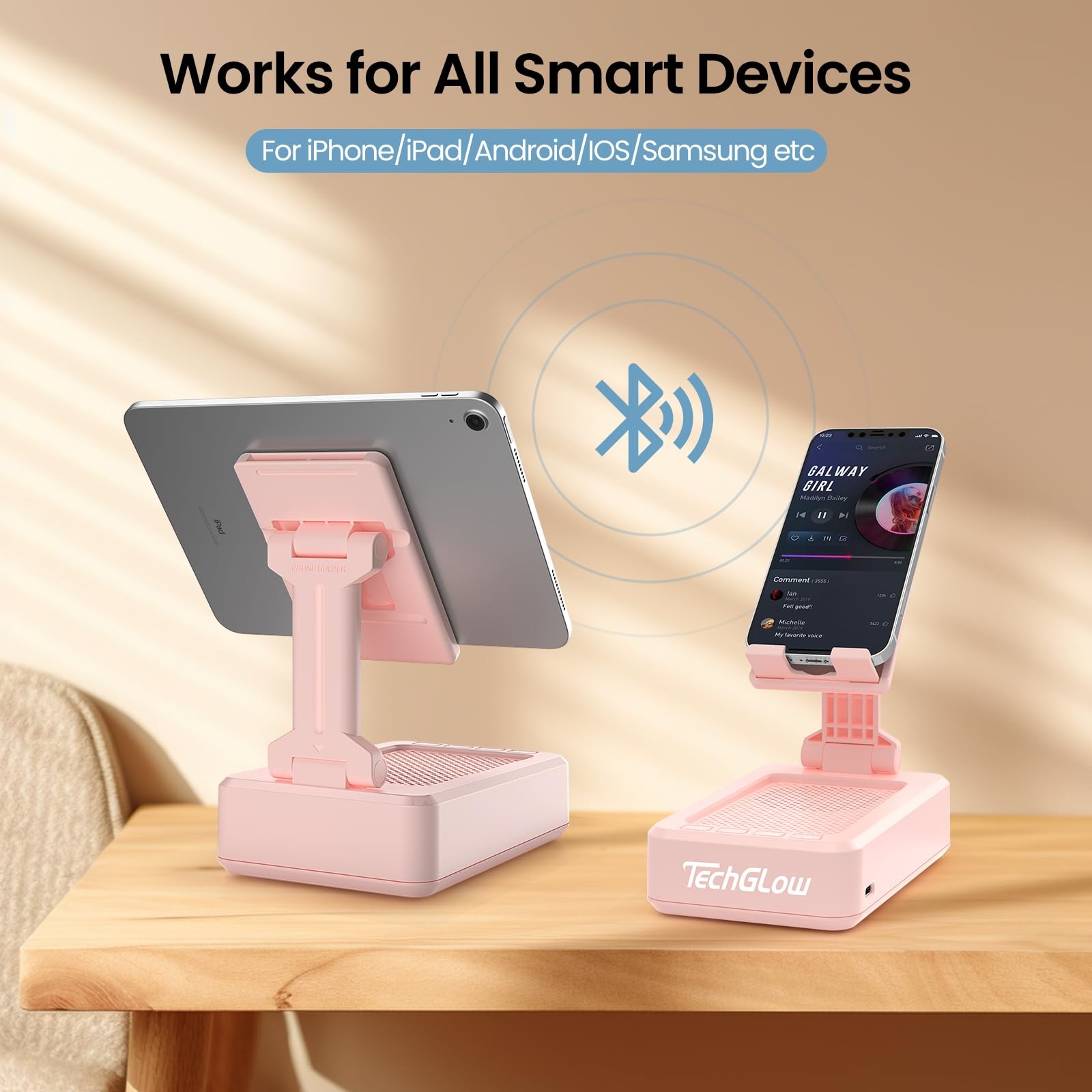 TechGlow Gift for Women Foldable Cellphone Stand with Bluetooth Speaker Pink