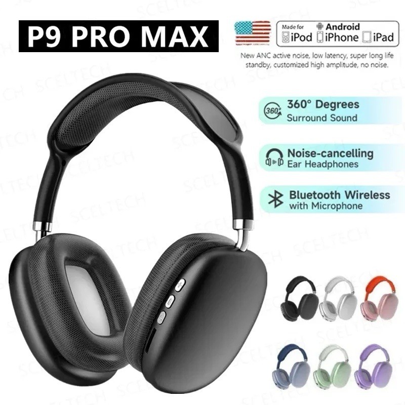 New P9 PRO MAX Headphones Noise Cancelling Bluetooth Earphones Black