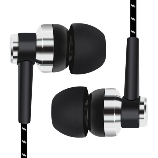 Black In-Ear Earbuds Stereo Tangle Free Braided Cable Cord Quality Sound Bass