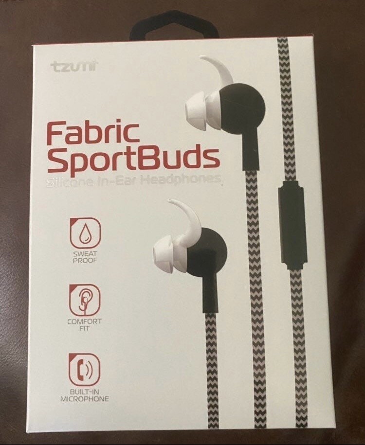 Tzumi Fabric SportBuds Black Earphones Comfort Fit Built In Microphone Wired New
