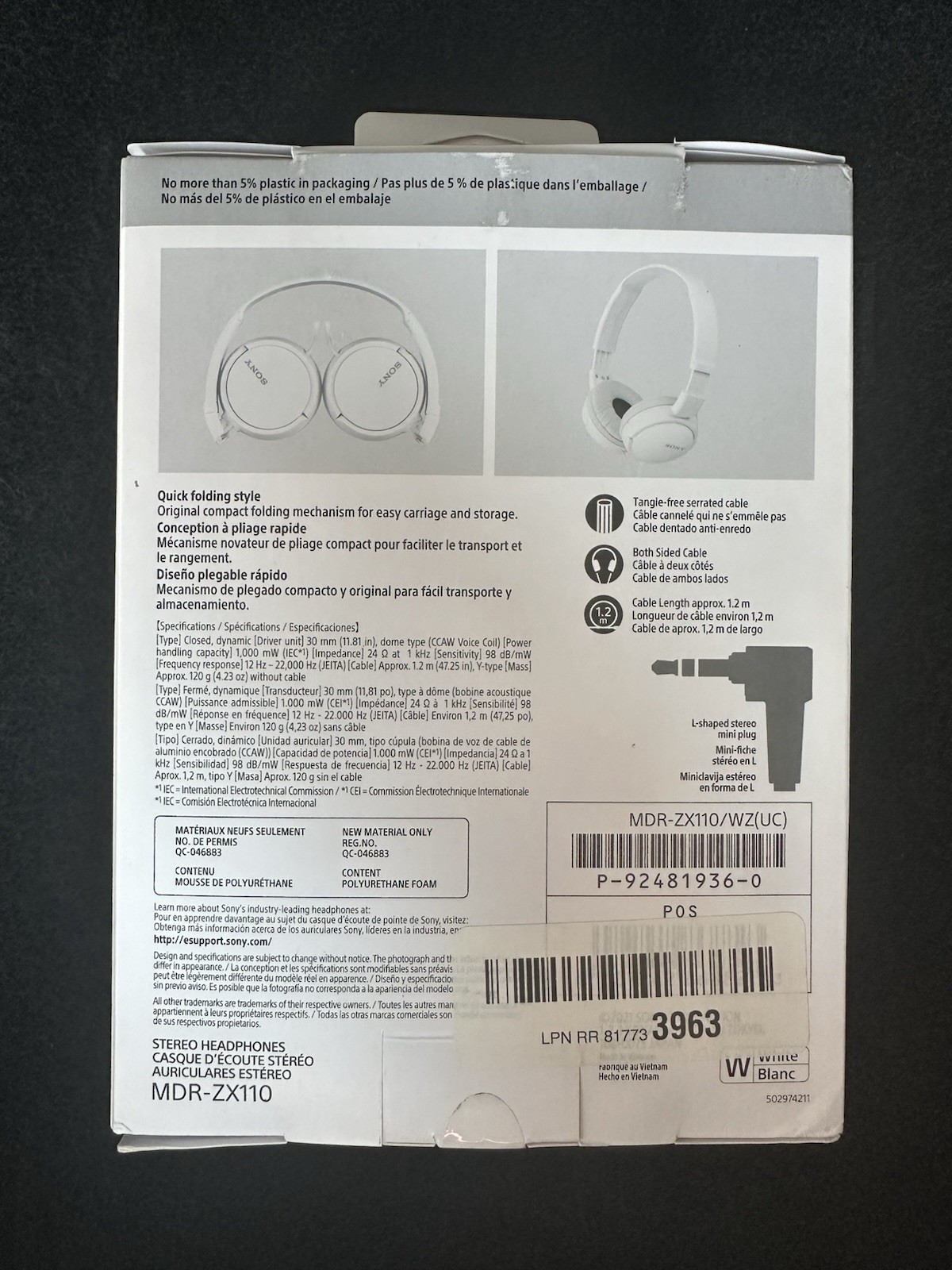 Sony MDR-ZX110 Ear-Pad (On the Ear) Headband Headphones – White