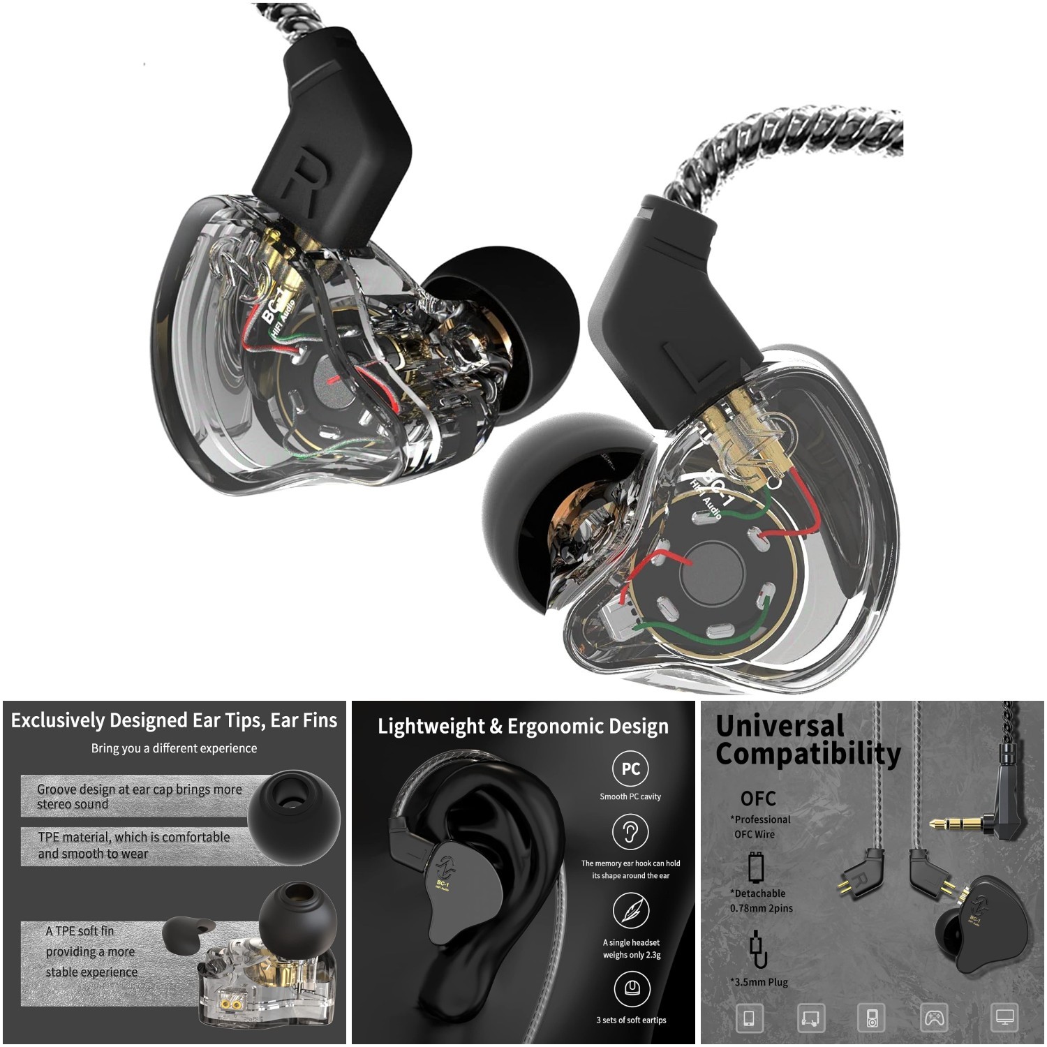 Wired Earbuds Clear Black Bass HiFi Earphones Musicians Singers Stage Studio