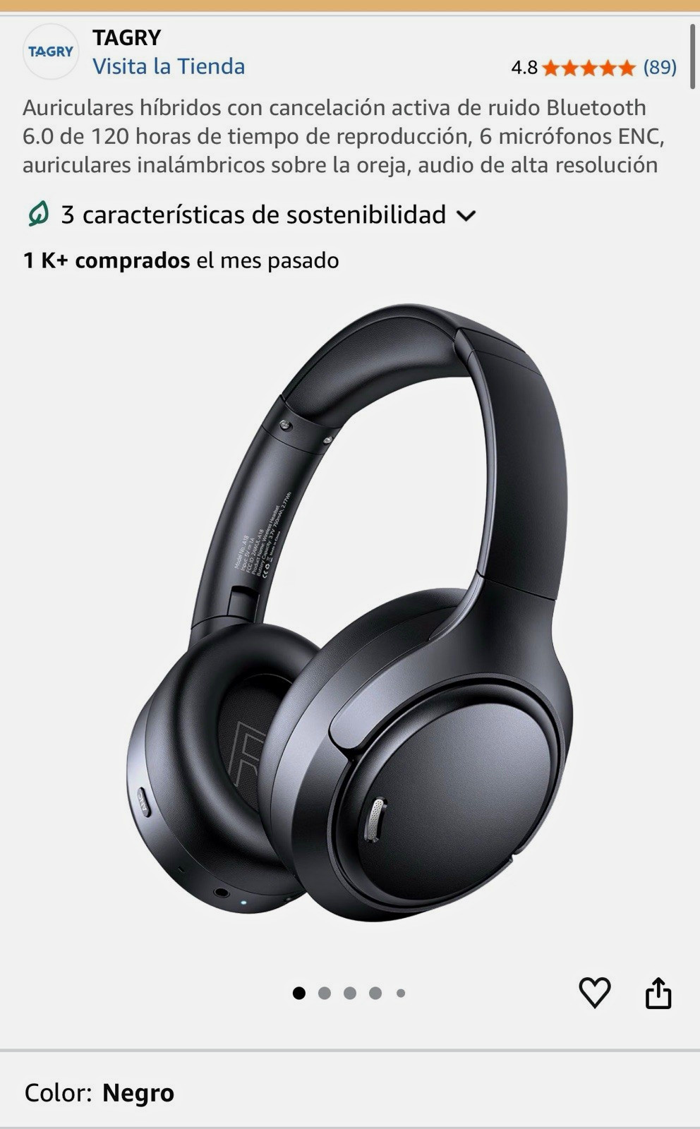 TAGRY Bluetooth Over-Ear Headphones w/ Active Noise Cancellation 40mm Black