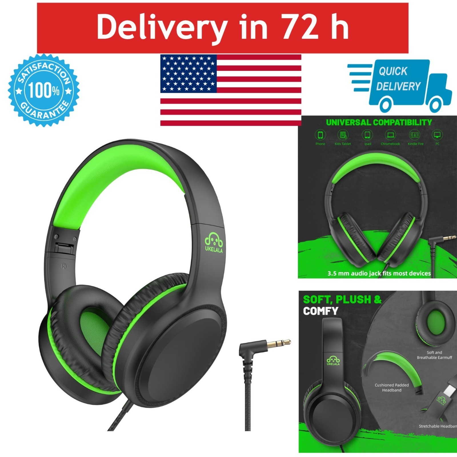UKELALA U2 Green Wired Headphones for Kids & Adults – Lightweight & Portable