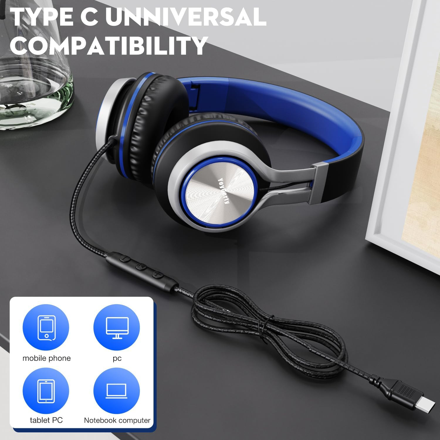 Upgraded USB Type C Wired Headphones, Foldable Over-Ear Headphones with Mic and