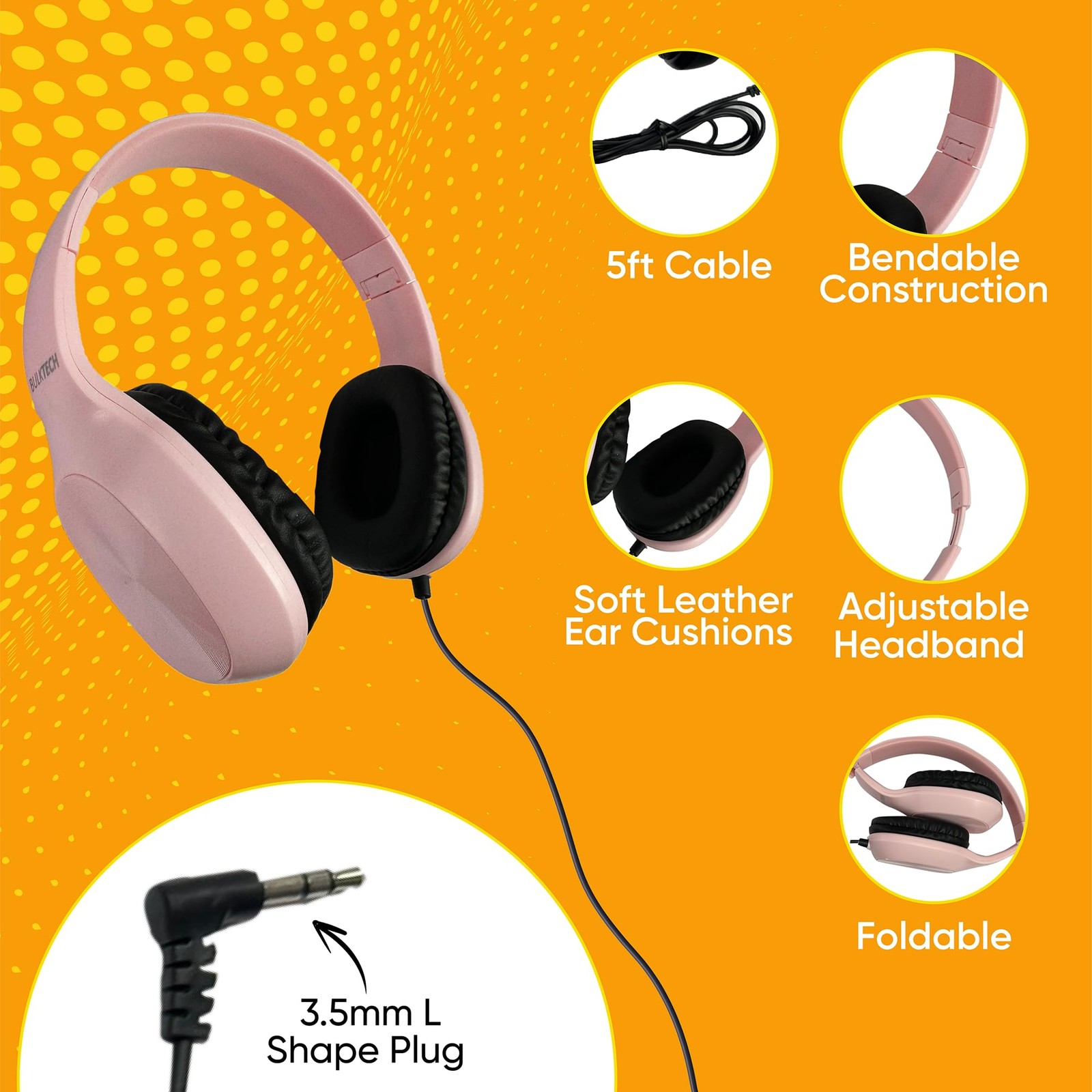 5 Pack Bulk Wired On-Ear Leather Headphones with 3.5mm Connector Oval Metal H…
