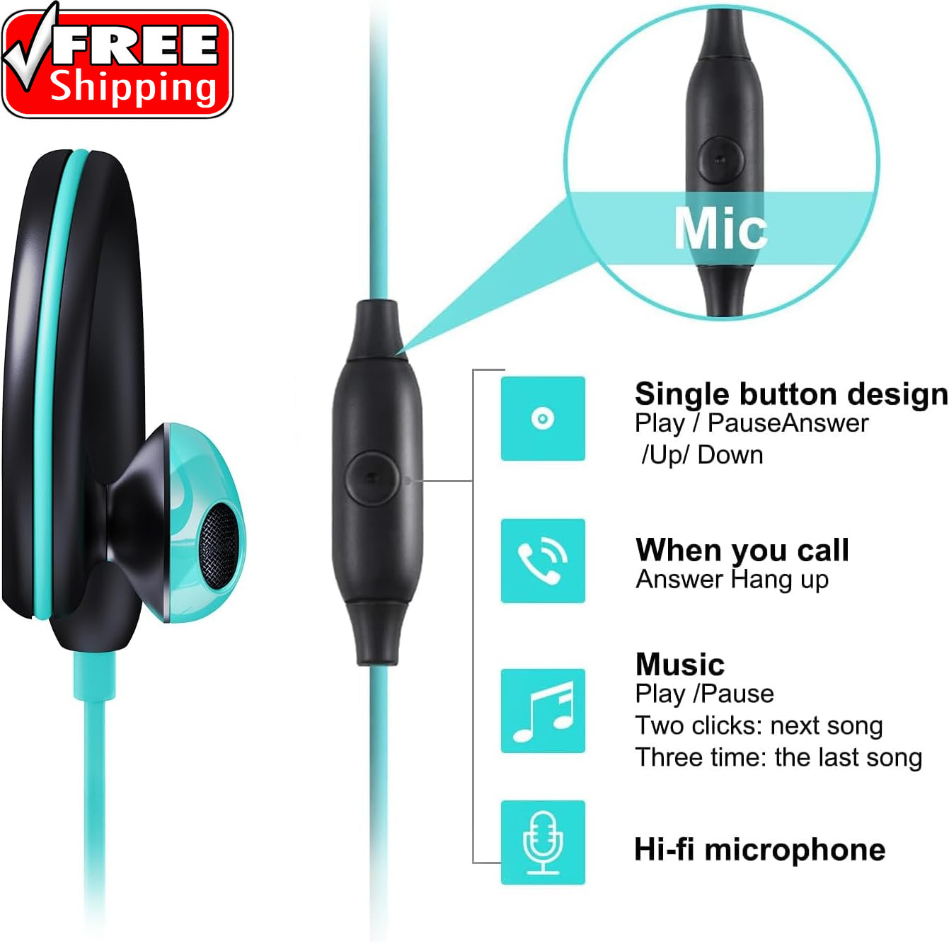 Upgrade Wired Sports Earbuds with Ear Hooks, Running Headphones Secure Fit Wrap