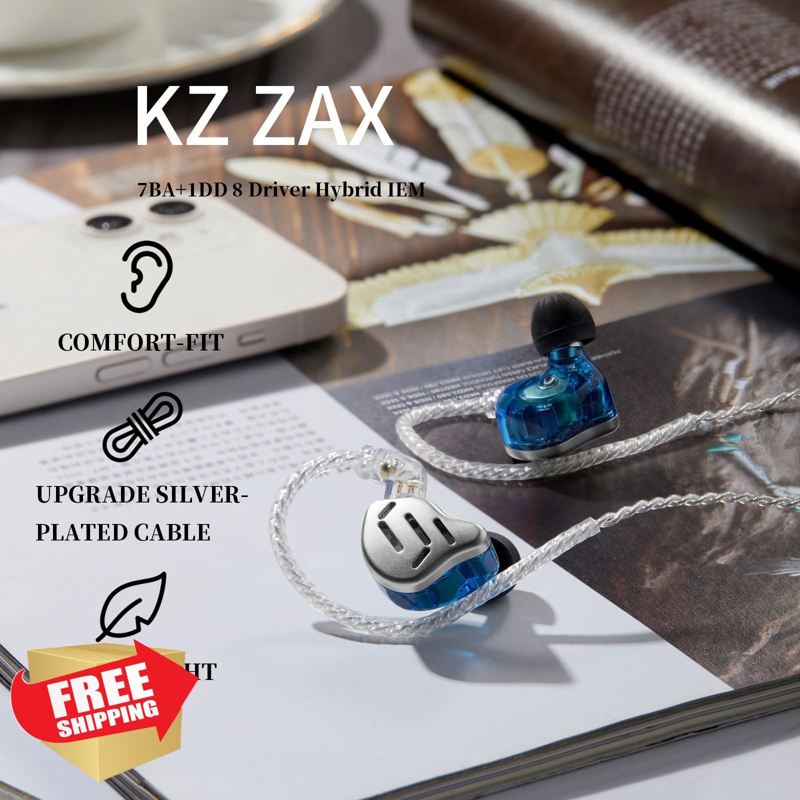 KZ Zax 7BA+1DD Hybrid Earbuds w/Mic Silver
