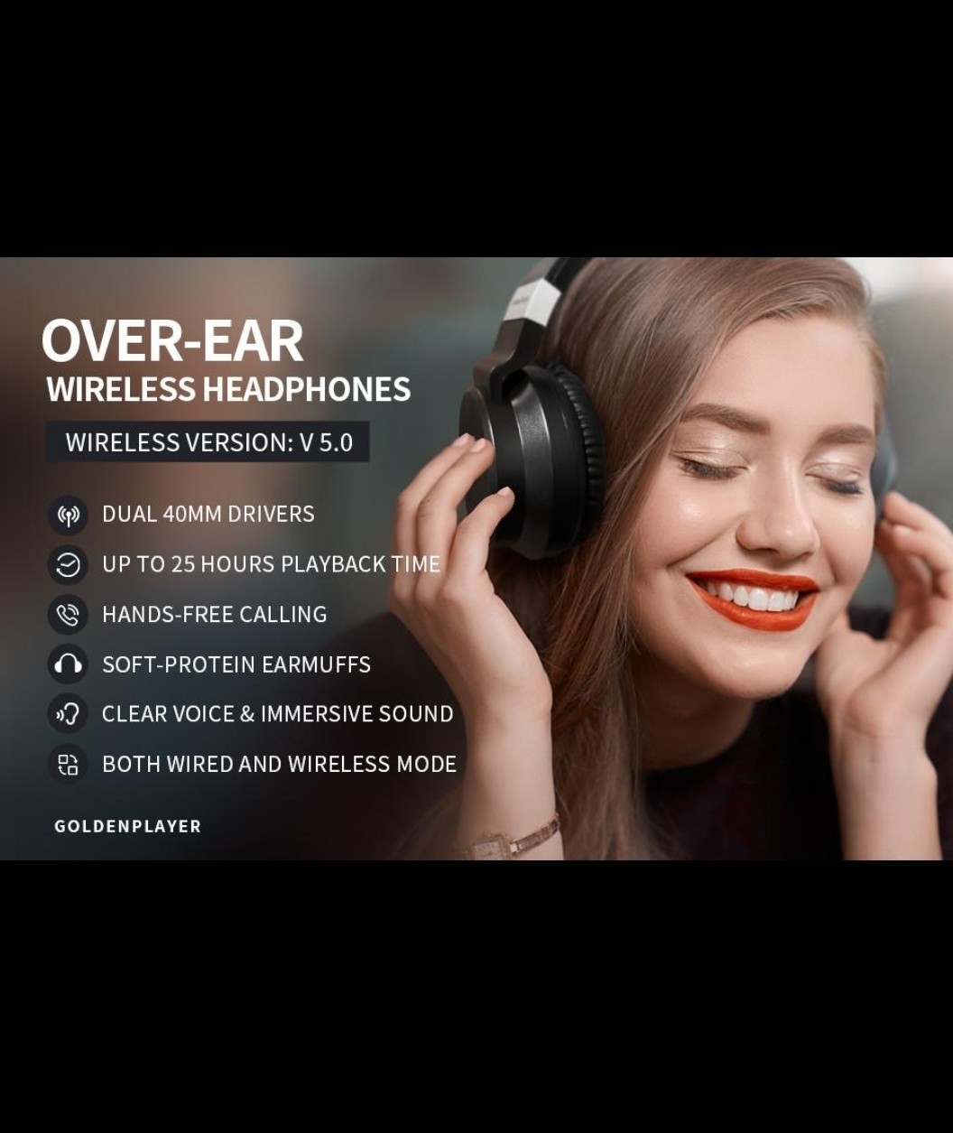 GoldenPlayer Wireless Headphones + Microphone, Deep Bass , Hi-Fi Stereo, Soft…