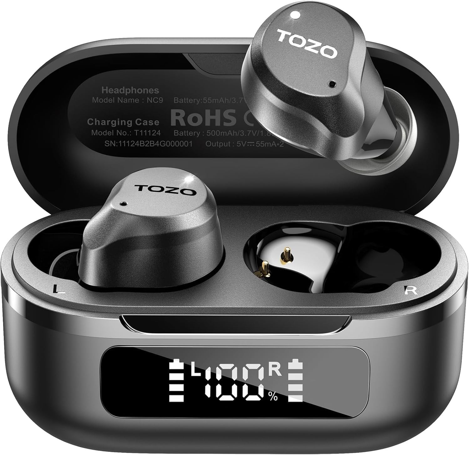 TOZO NC9 Hybrid Active Noise Cancelling Wireless Earbuds, 6 Mics Dark Black