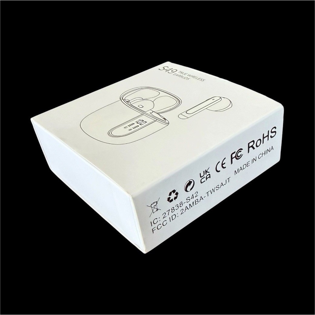 S49 Wireless Bluetooth In-Ear Earbuds, Built-In Mic, Charging Case, White