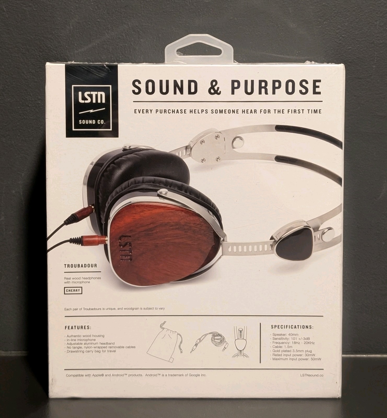 LSTN Cherry Wood Troubadour Over-Ear Wired Headphones w/ Microphone New & Sealed