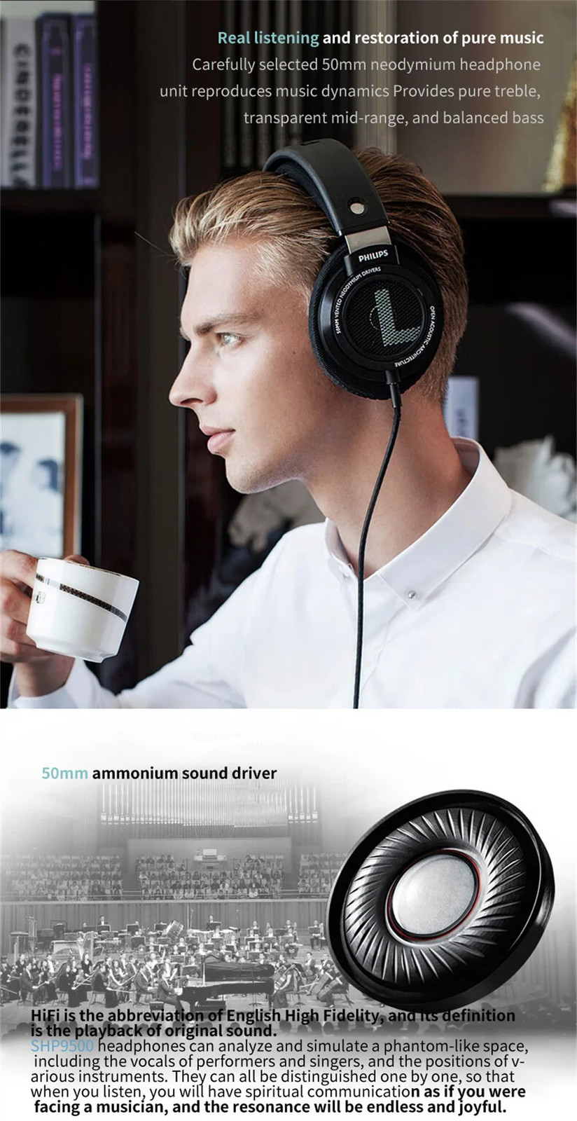 Philips Original SHP9500 Wired Headphones HiFi Stereo HD Microphone Call Earphone