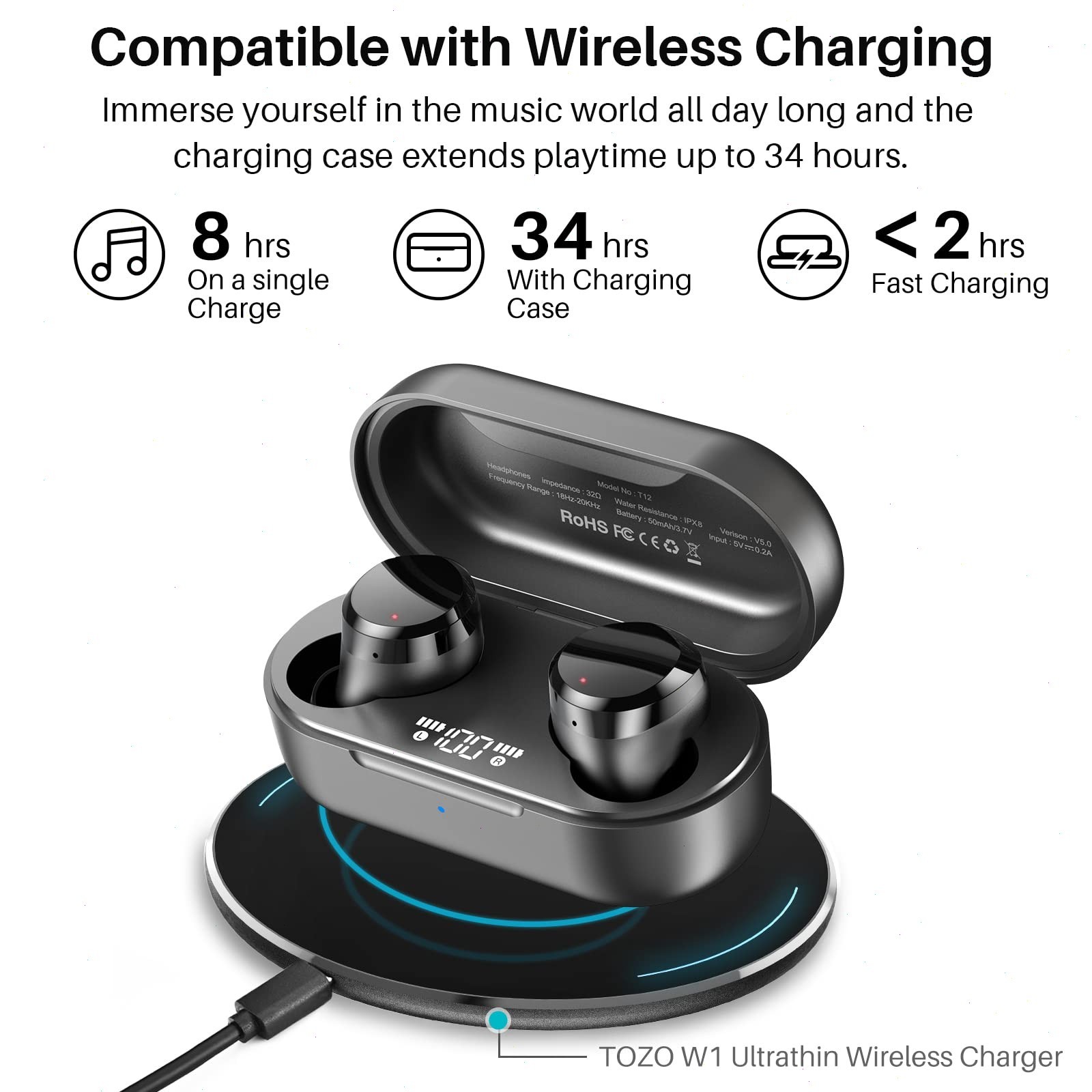 TOZO T12 Wireless Earbuds ENC Noise Cancelling Headphones IPX8 Waterproof