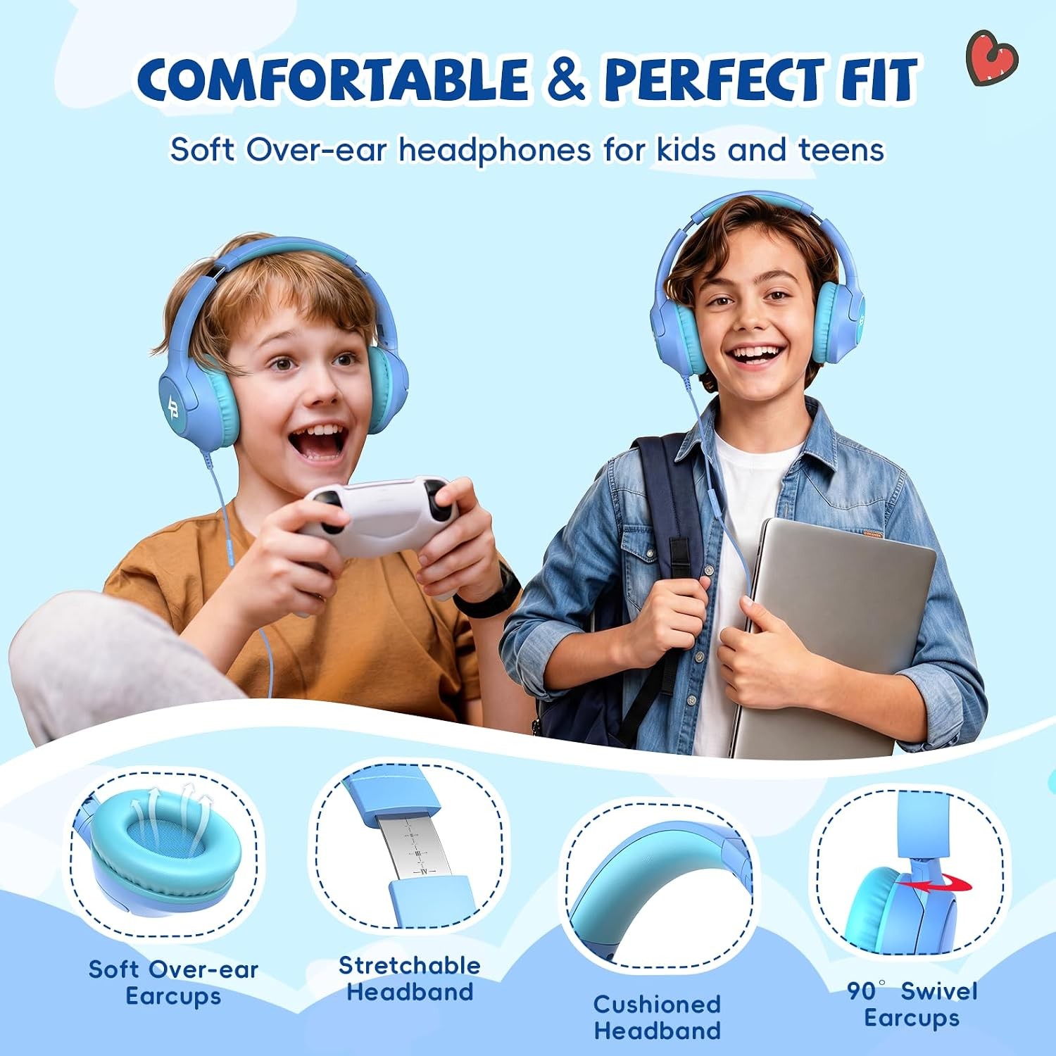 Wired Headphones for Kids for School, 3.5mm Cord 85/94dB Volume, Light Blue | Ov