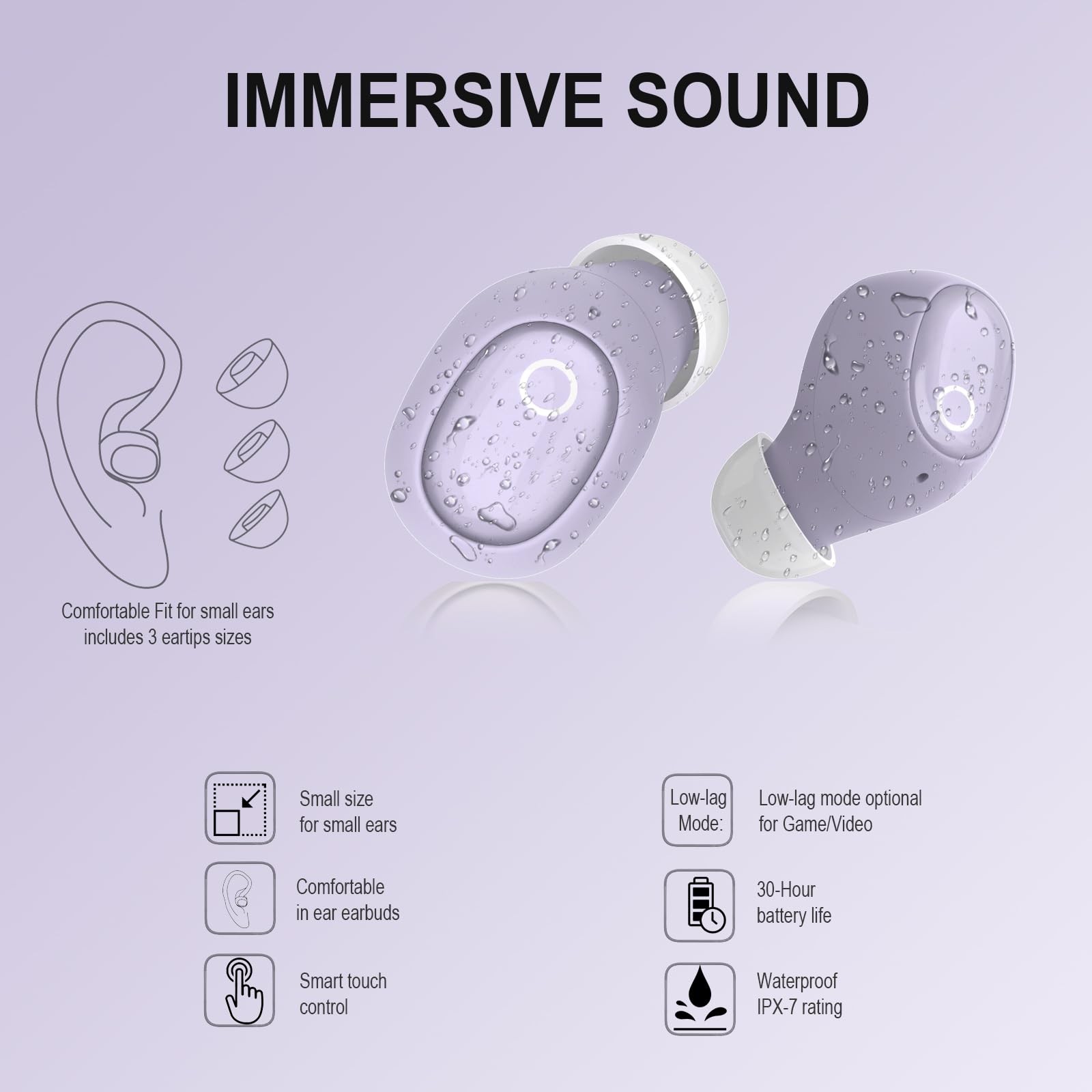 Eleror Wireless Small Ears Women Men Purple Bluetooth Small Ear Canals Mini Ear