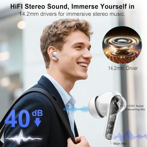 Wireless Earbuds, Bluetooth Headphones 5.4 HiFi Stereo, Ear Buds with 4 White