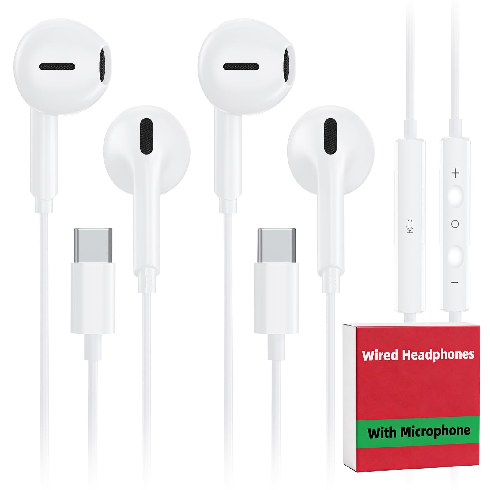 2 Pack USB C Wired Earbuds for iPhone 17/16/15 Pro Max Plus Standard, White