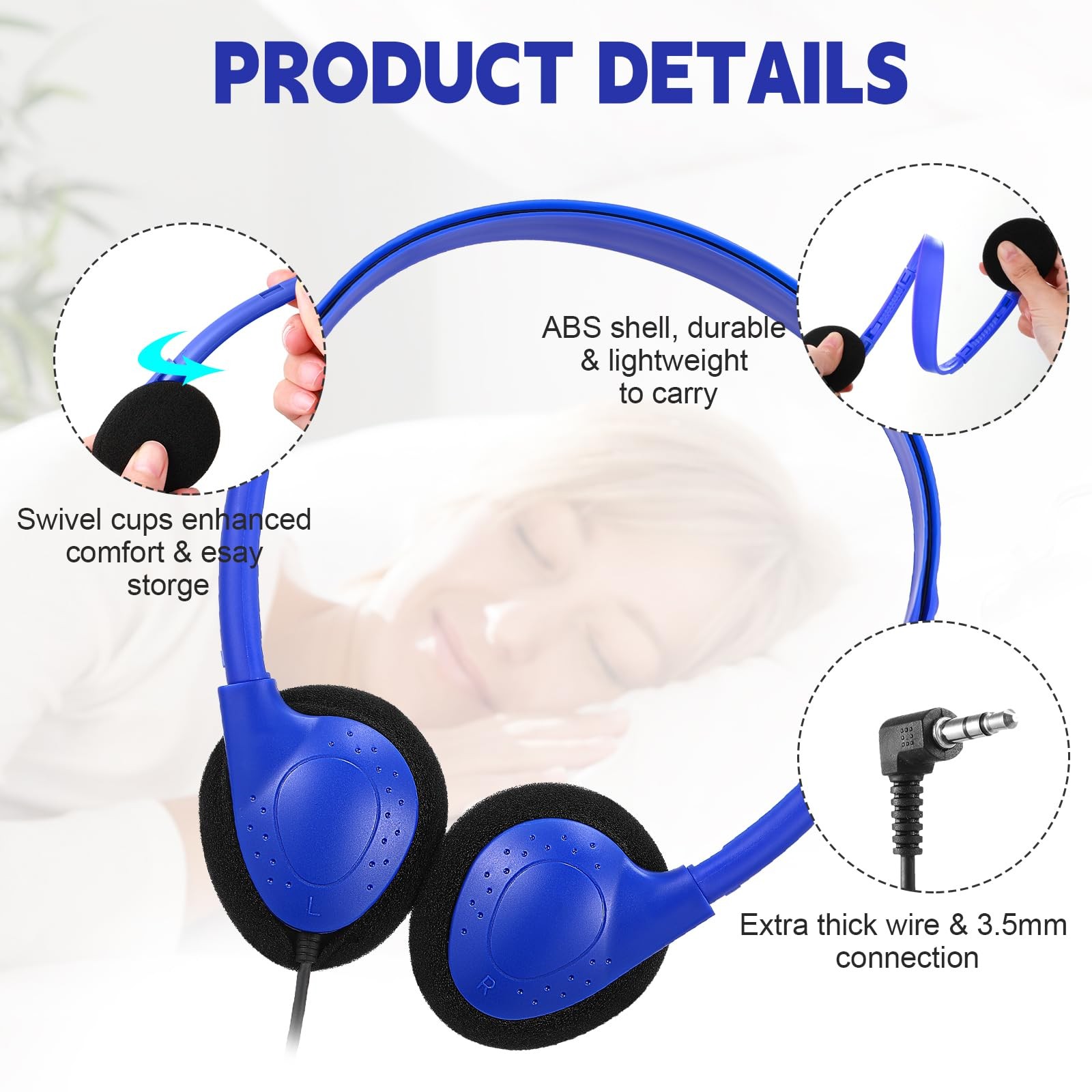 10 Pack Classroom Kids Wired Headphones Bulk Set 3.5mm Jack Dark Blue Adults