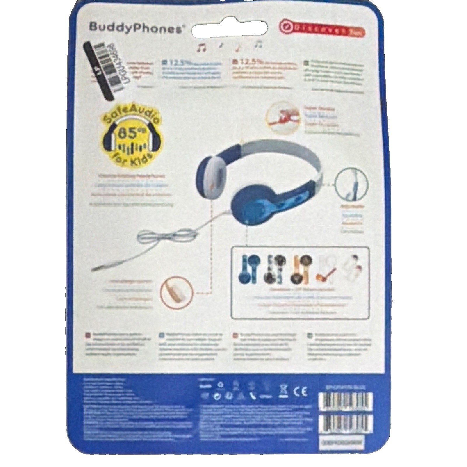 BuddyPhones DiscoverFun Kids Wired 3.5mm Volume Limiting Headphones Blue/White