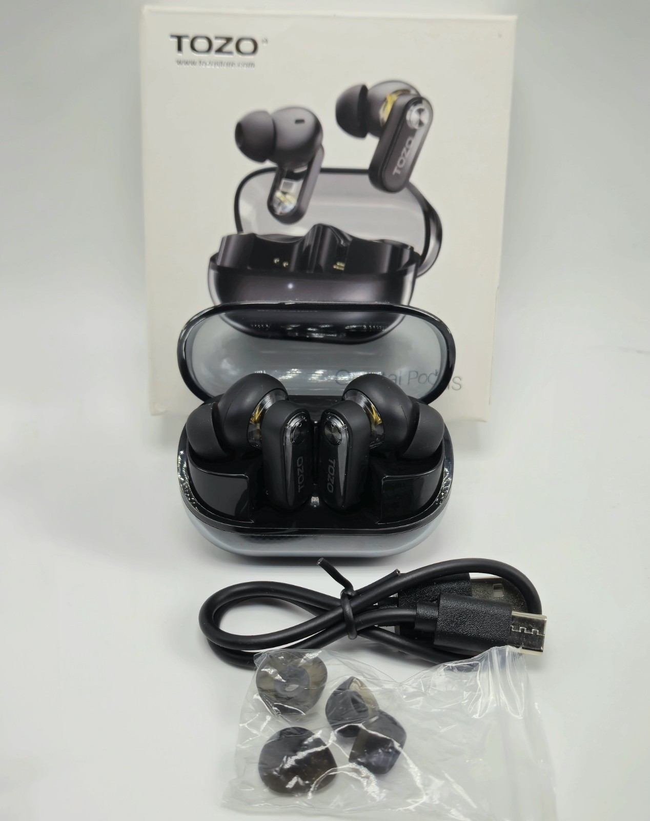 Black Crystal Pods Hybrid Active Noise Cancelling Wireless Earbuds TOZO 10mm Dri