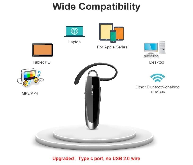 New bee Bluetooth Earpiece V5.0 Wireless Handsfree Headset with Microphone 2…