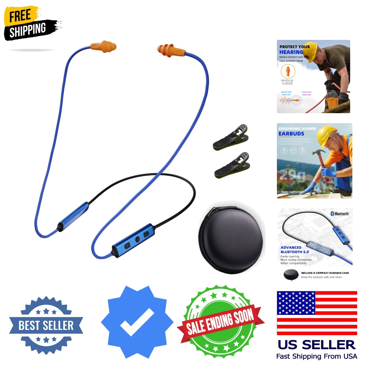 Ear Plugs Bluetooth Headphones for Work, Neckband Wireless Earbuds, Noise Red…