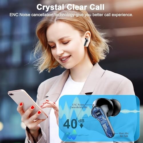 Wireless Earbuds, Bluetooth 5.4 Headphones with ENC Noise Canceling Dark Black