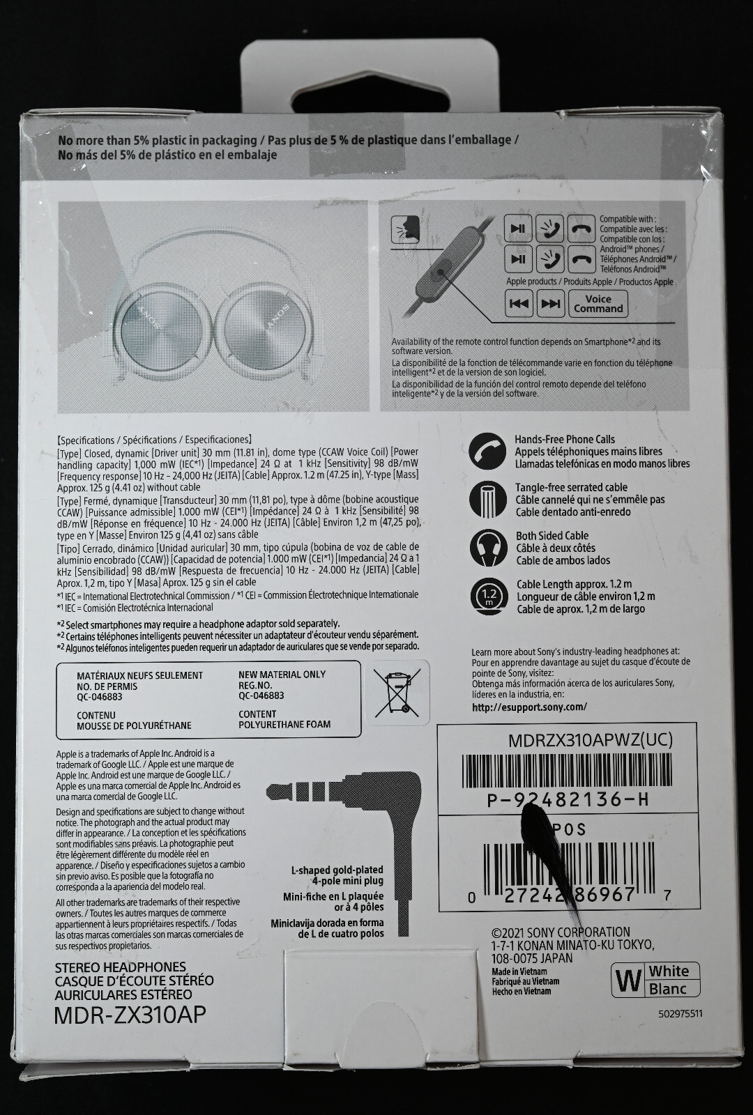 Sony MDR-ZX310AP/B ZX Series On-Ear Stereo Headphones w/Mic MDRZX310AP White