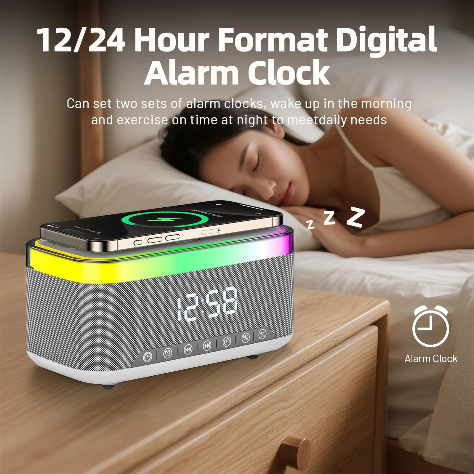 Bluetooth Speaker with Wireless Charging & Digital Clock, LED Display, 15W Qi…