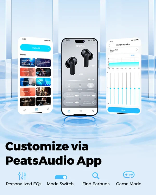 SoundPEATS Q3 Pro Wireless Earbuds ANC, BT 6.0, 42H Playtime, Fast Charging