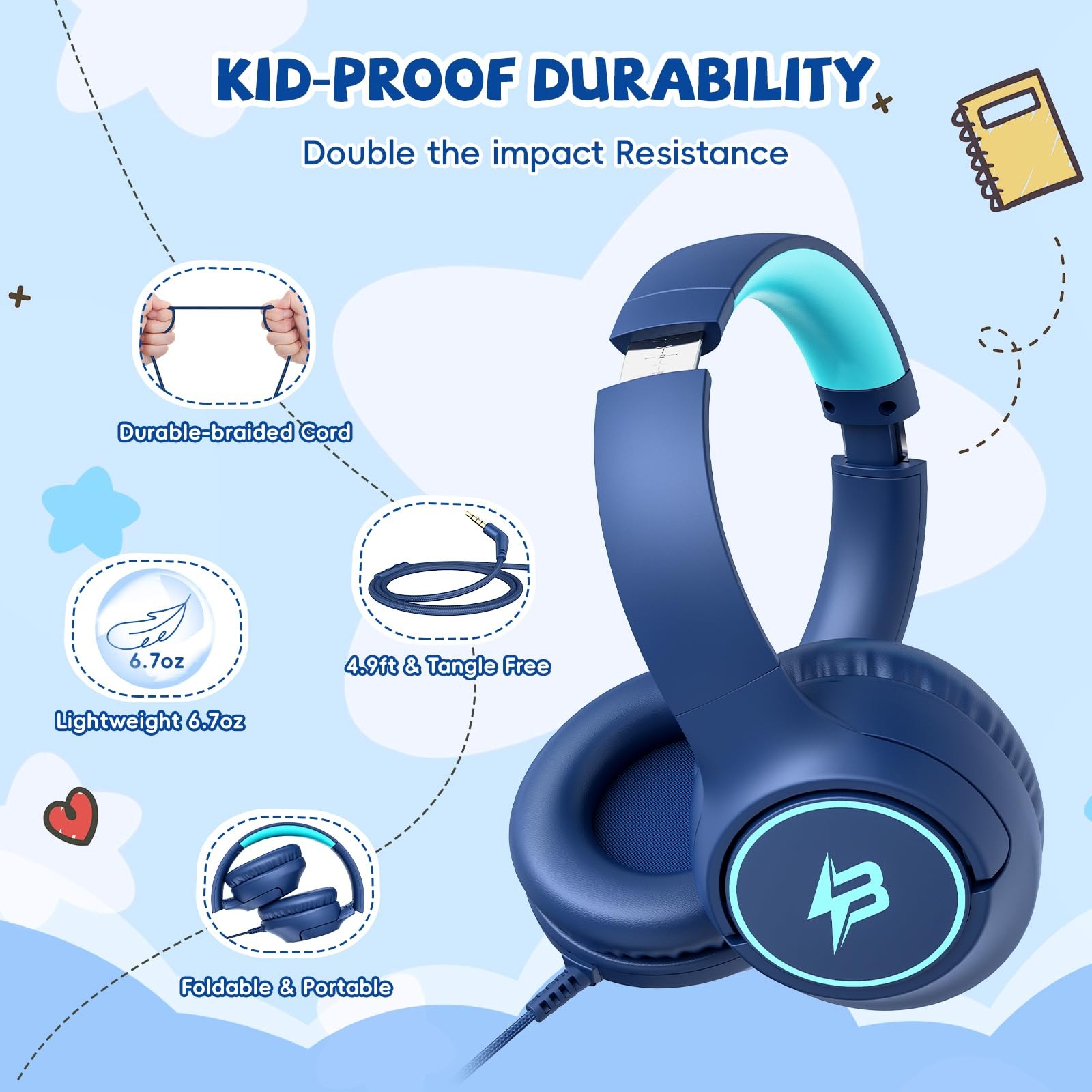 Kids Headphones Wired for School, 3.5mm Safe Volume Limited with Mic, Navy |