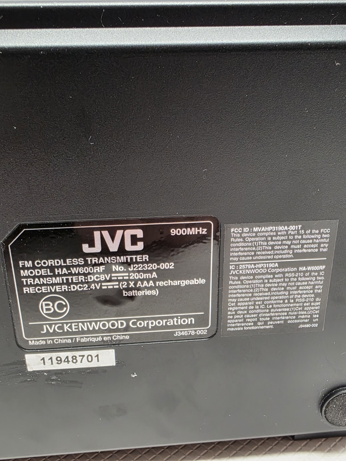 JVC KENWOOD HA-W600RF 900MHz Wireless Headphones w/ Transmitter & Power Adapter!