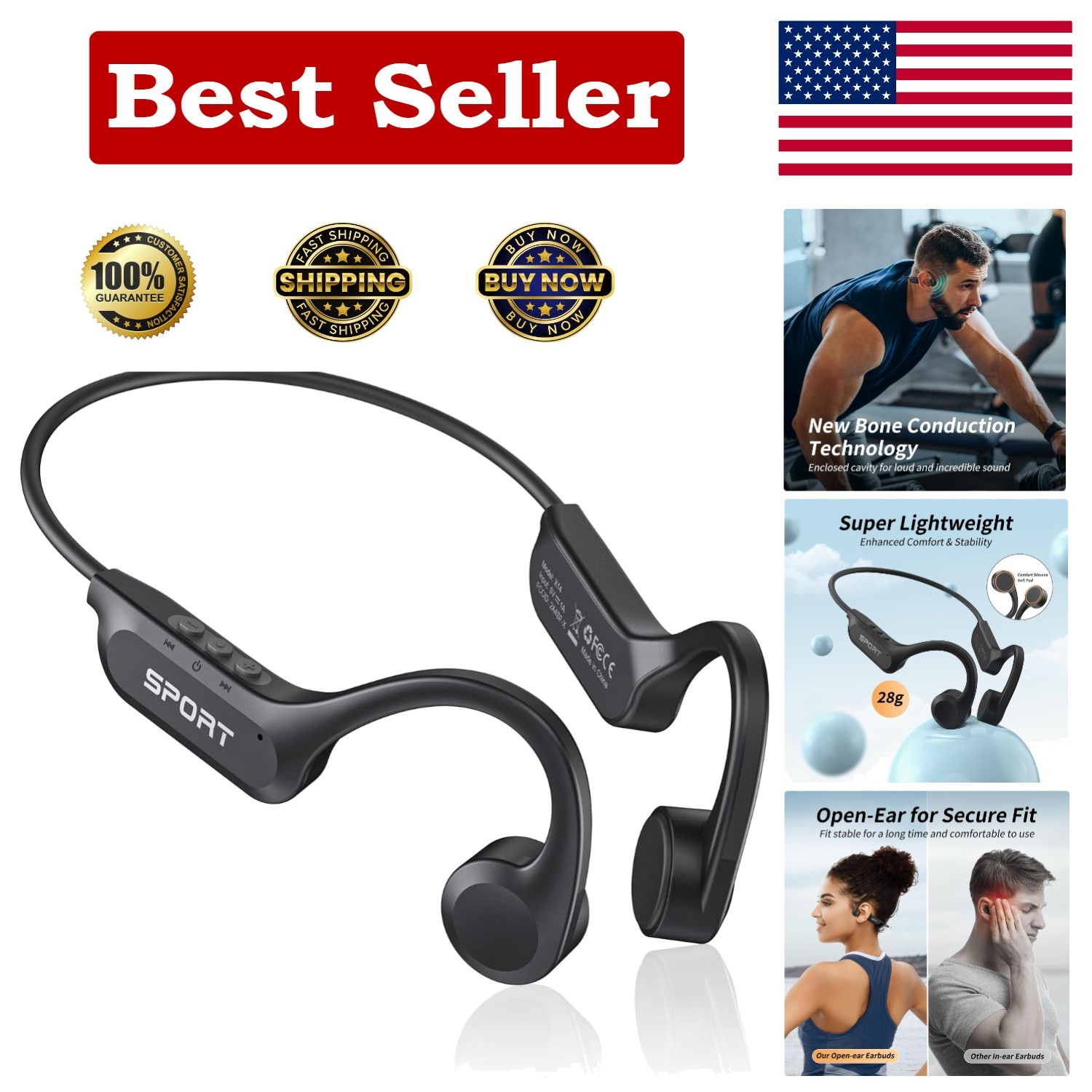 Lightweight Bone Conduction Headphones with Mic – 10 Hours Playtime & Waterproof