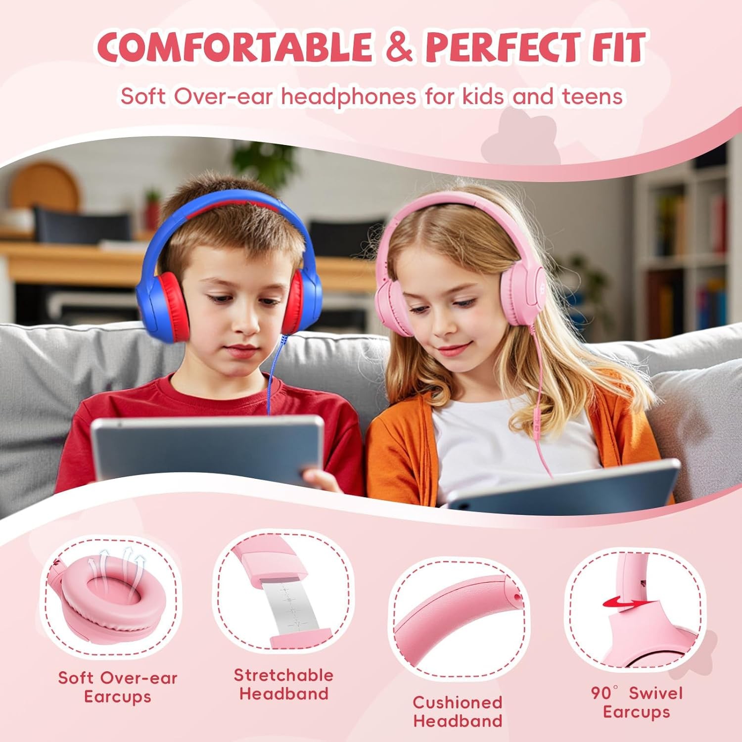 Wired Headphones for Kids for School, 3.5mm Cord Safe Volume Limit, Pink | Over